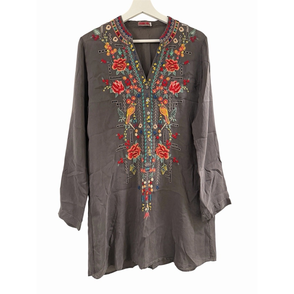 Johnny Was Embroidered Bird Floral Cupra Rayon Tunic Top Gray Boho Artisan Small